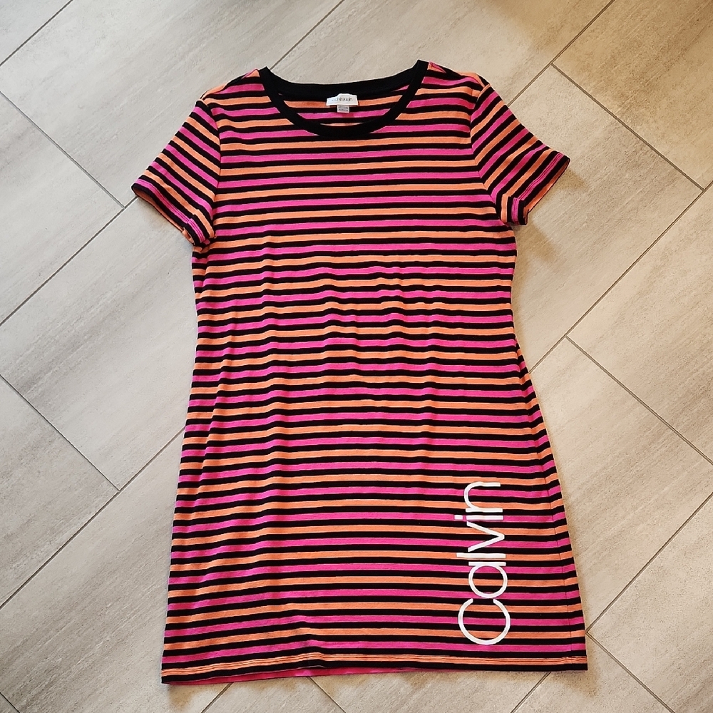 Calvin Klein T-Shirt Dress Striped Black, Hot Pink And Orange Womens XL
